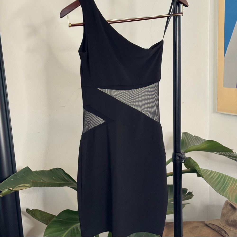B Darlin One Shoulder Black Dress with Mesh Detail - Picture 3 of 5